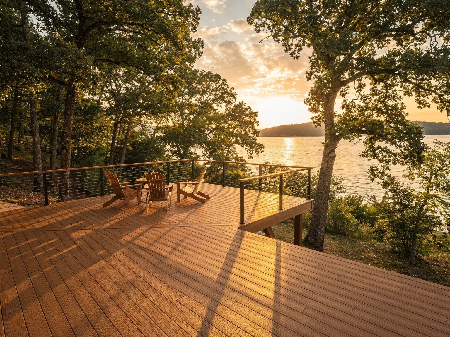 Multi-level composite deck overlooking lake at golden hour