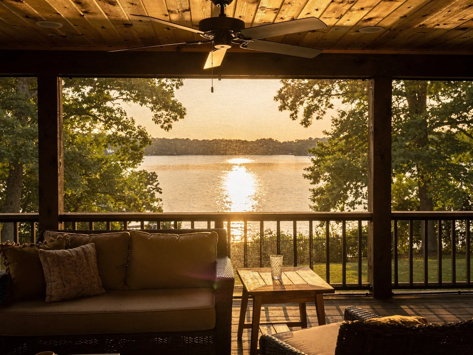 Screened porch looking out toward lake through screen panels