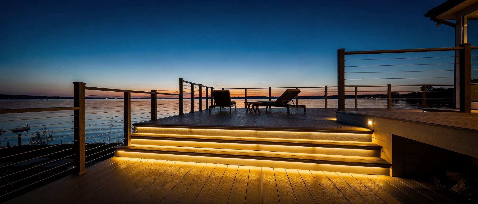 Deck at twilight with LED stair lighting and lake view